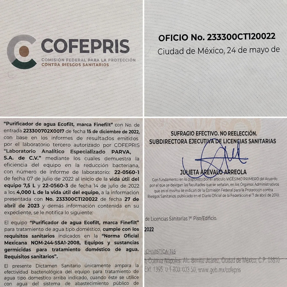 Ecofilt cumplimiento COFEPRIS NOM-244 dictamen sanitario