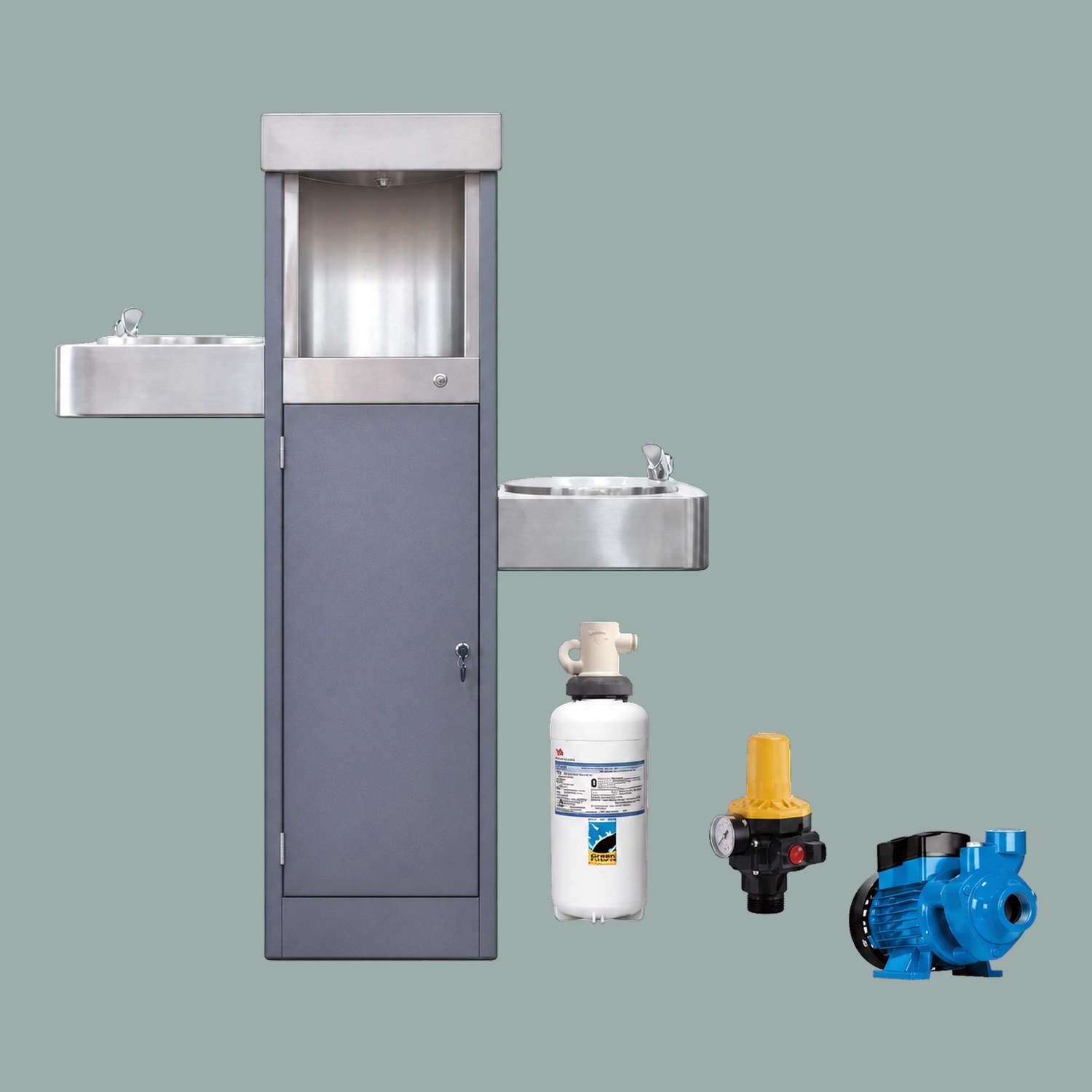 Welltek - Bebedero Escuelas Uso Rudo 3 Tomas Filtro 3m Certificado Color Gris