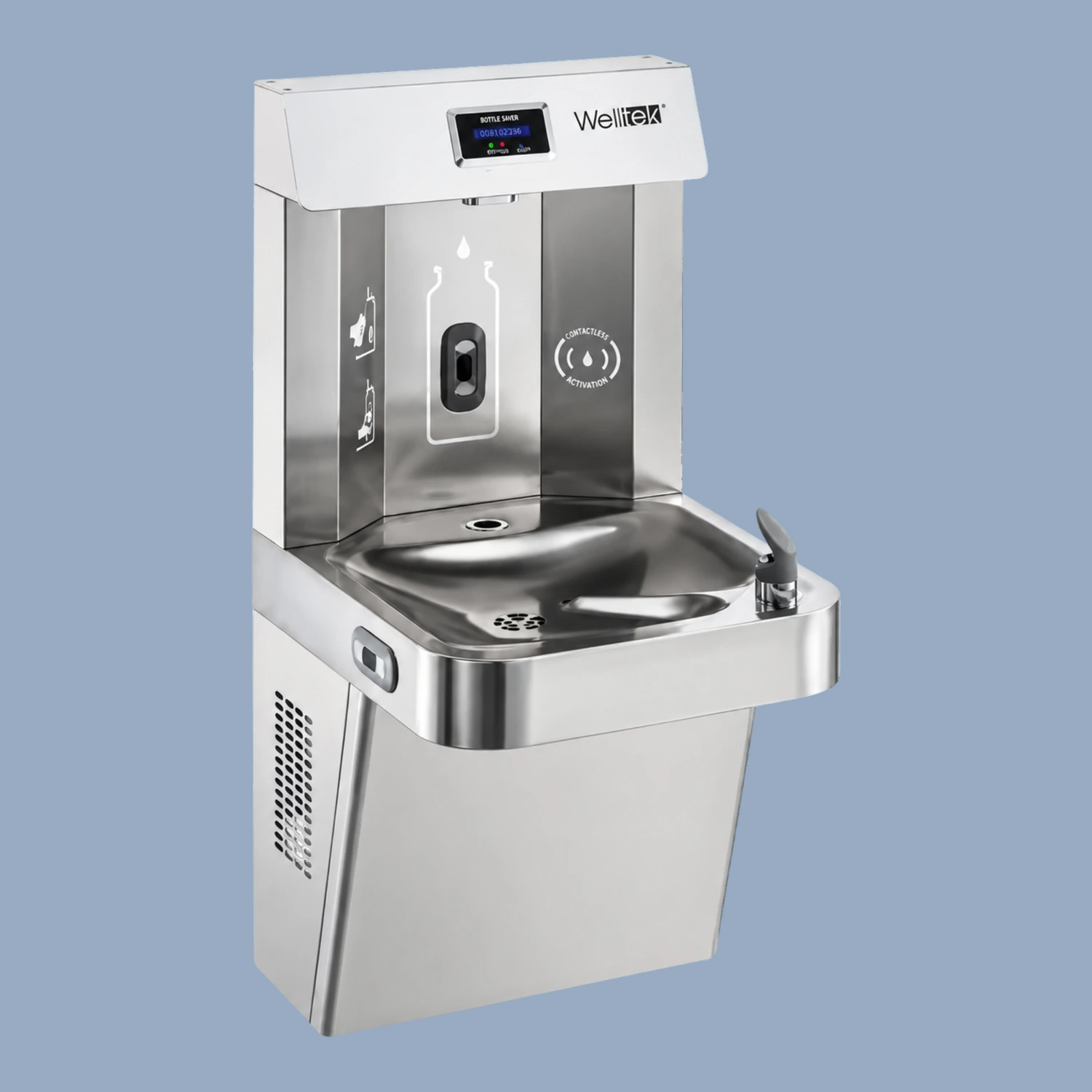 Bebedero de pared con llenador de botellas, sensor, enfriamiento, filtración y UV Welltek WT-WFSDF-30A
