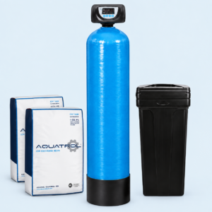 Suavizador automático de 2 pies cúbicos con tanque azul, válvula automática, tanque de salmuera y dos sacos de resina.