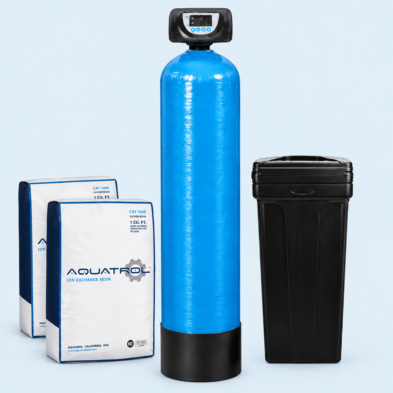 Suavizador automático de 2 pies cúbicos con tanque azul, válvula automática, tanque de salmuera y dos sacos de resina.