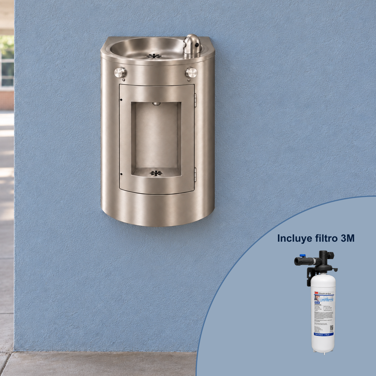 Bebedero de agua para escuelas de muro Welltek con filtro 3M